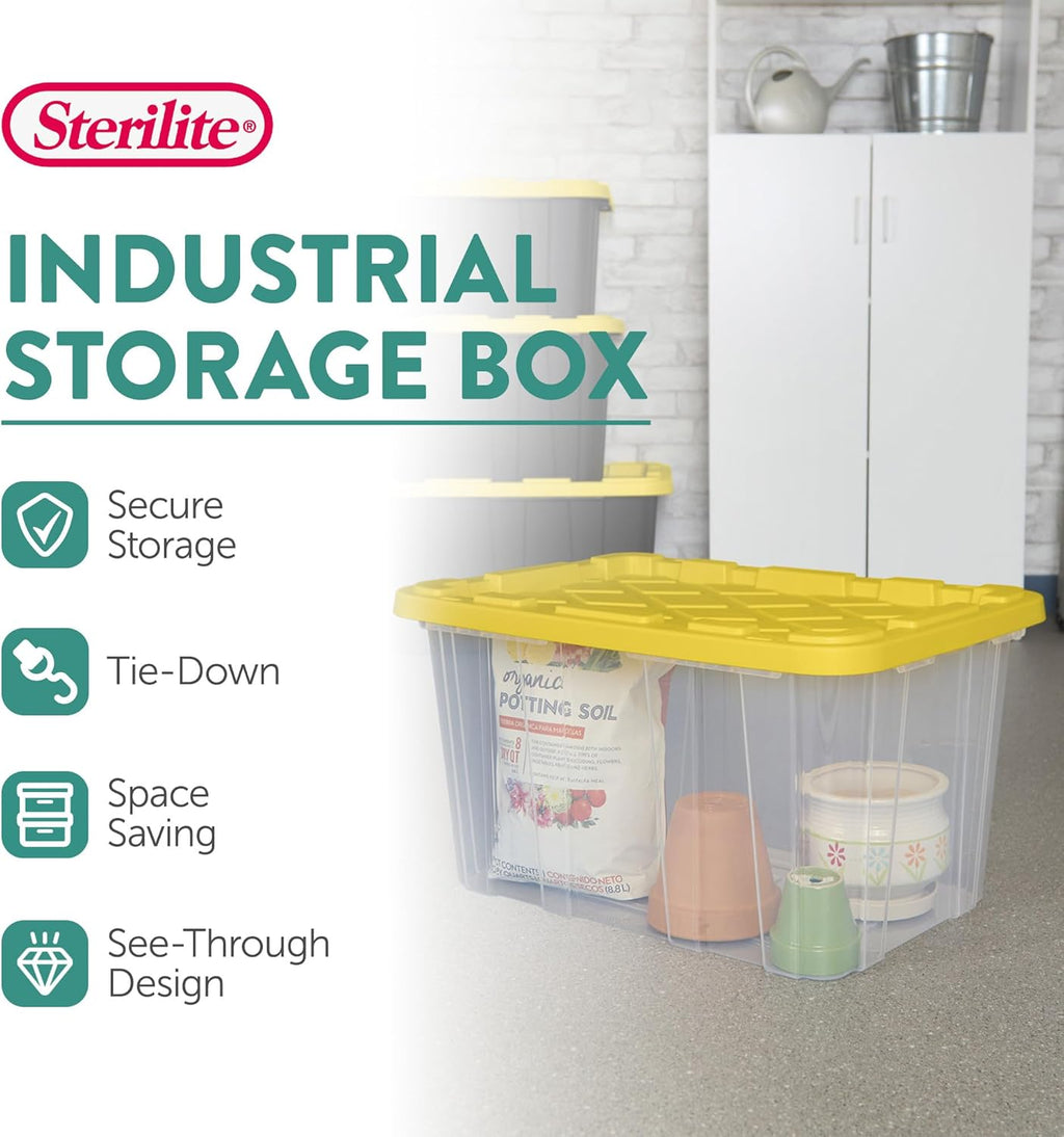 Sterilite 27 Gallon Industrial Storage Box - Heavy-Duty Plastic Container Bins with Lids | 4-Pack, Yellow