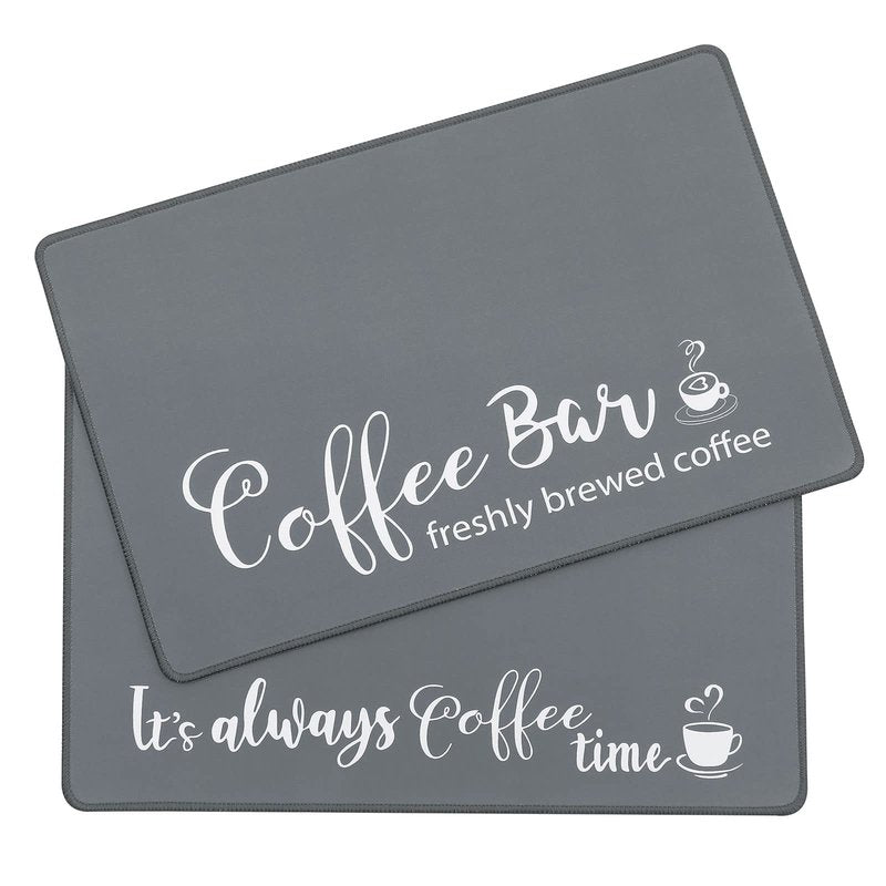 SHACOS Coffee Bar Mats 2 pcs 12x19 Inch Absorbent Non Slip Rubber, Waterproof Heat Resistant, Gray