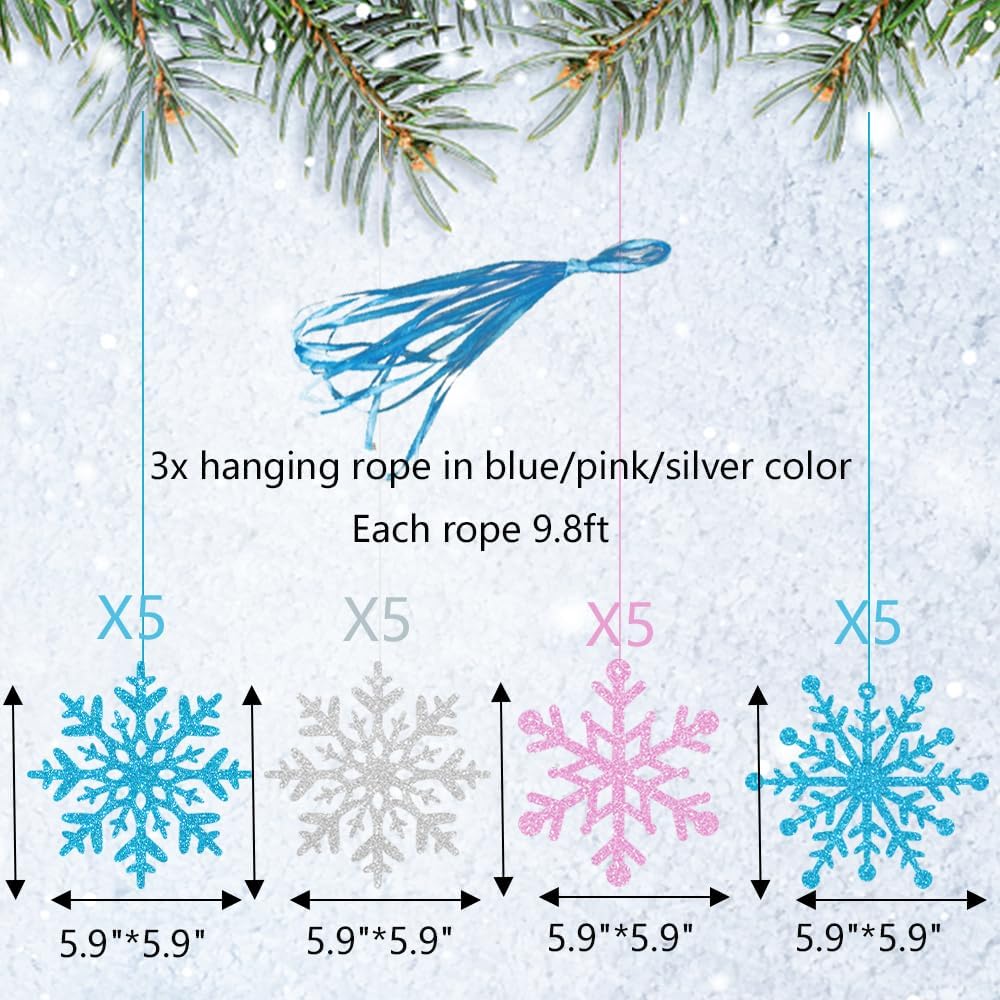 Skiennix Winter Snowflake Hanging Ornaments - Sparkly Ceiling Streamers for Christmas & New Year | Glitter Pink, Blue, Silver
