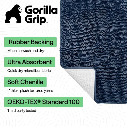 GORILLA GRIP Bath Rug Mat - Soft Absorbent Chenille | Quick Dry Microfiber, 60x17, Navy Blue