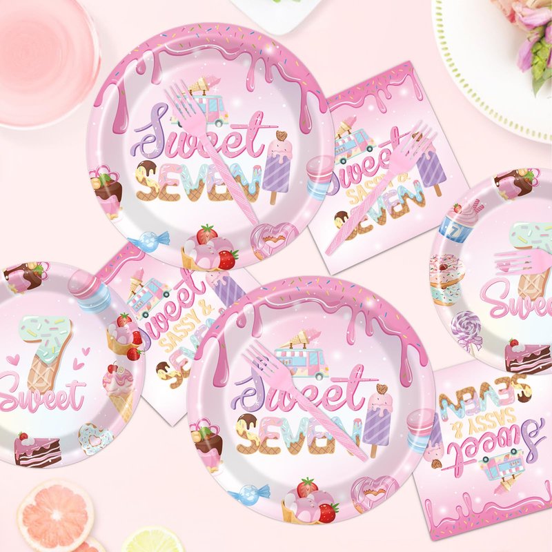 Sweet Sassy and Seven Birthday Decorations Tableware - 7th Birthday Decoration for Girls Disposable Paper Plates and Napkins Decor 7 Years Old Girl Forks Supplies Serve 24