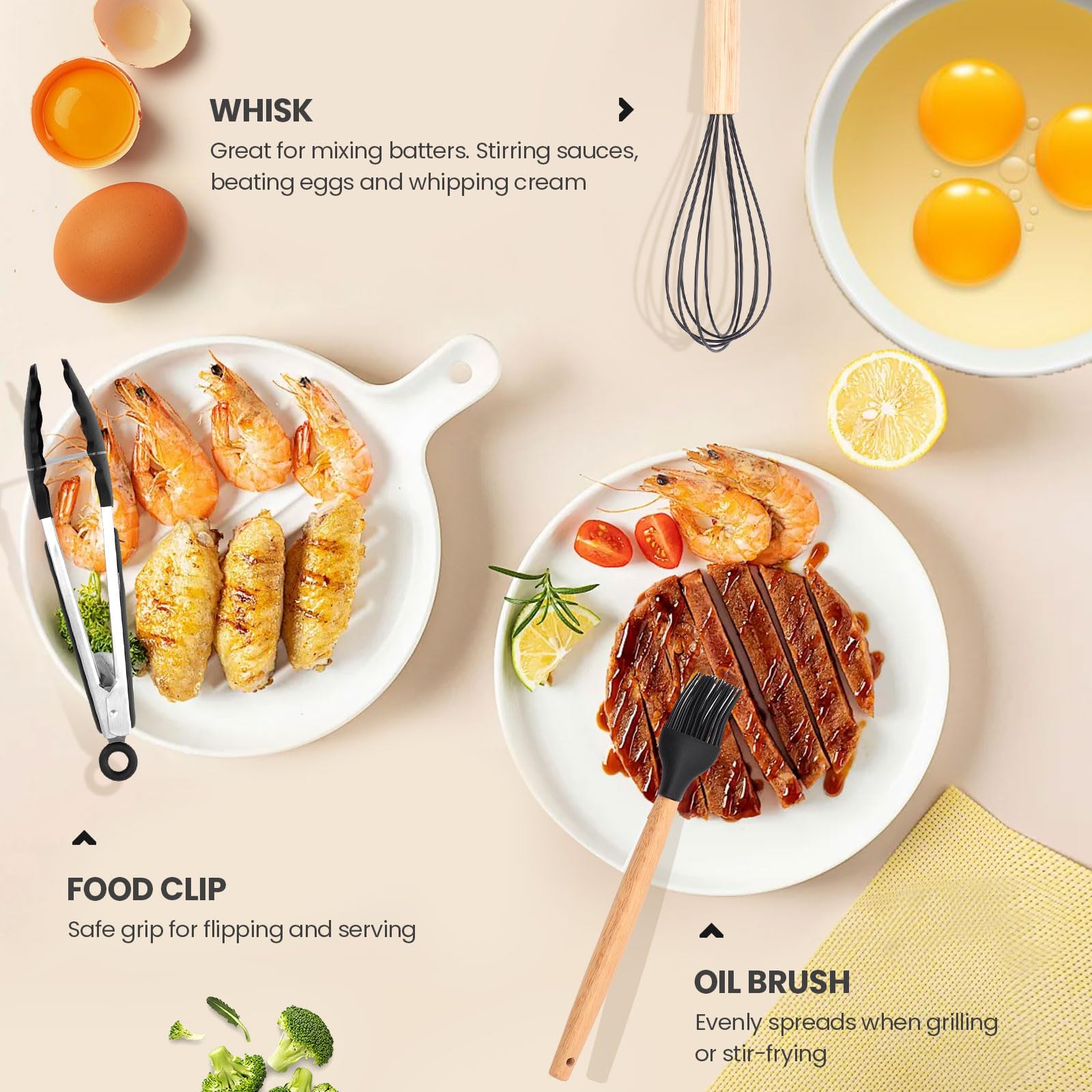 Silicone Cooking Utensils Set, 34 PCS Kitchen Utensils Set, 446℉ Heat Resistant Non-Stick Silicone Cooking Kitchen Utensils with Wooden Handle, Kitchen Gadgets Tools Set for Nonstick Cookware