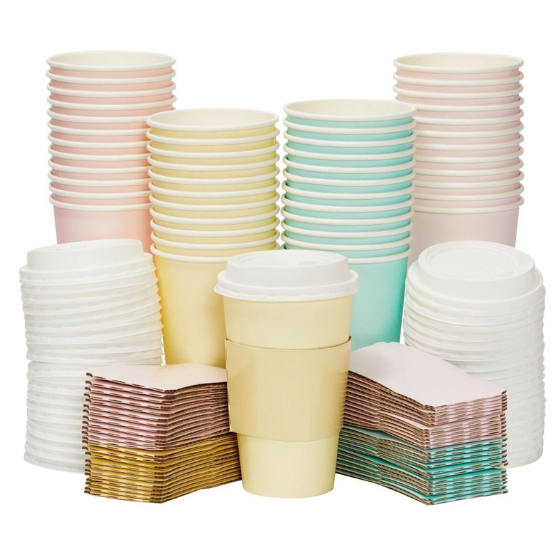 Sparkle and Bash Disposable Coffee Cups with Lids - 16 Oz, 48 Pack, Compostable Pastel Colors - Insulated Hot Paper Cups with Lids & Disposable Coffee Sleeves