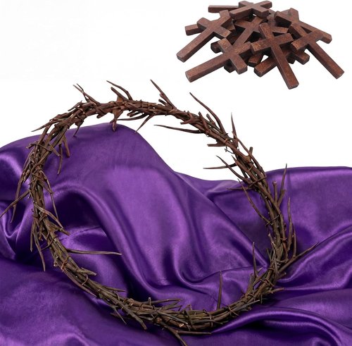 Geelin 13 Pcs Easter Crown of Thorns Set - 8'' Jesus Thorn Wreath & Mini Wooden Cross | Christian Home Decor