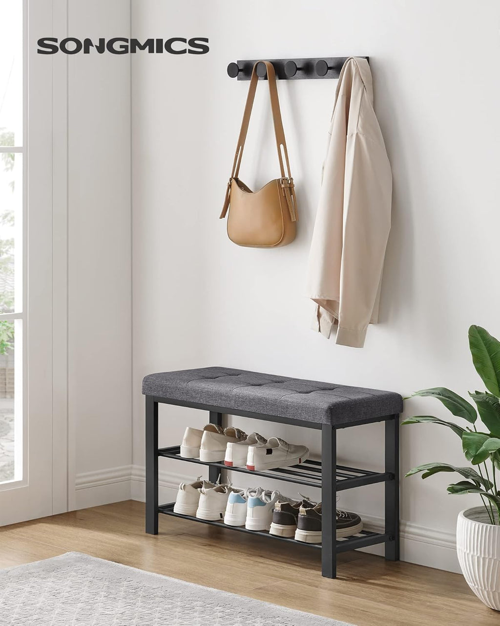 SONGMICS Shoe Bench - Modern Storage Solution with Cushion & Shelf | Dark Gray & Ink Black