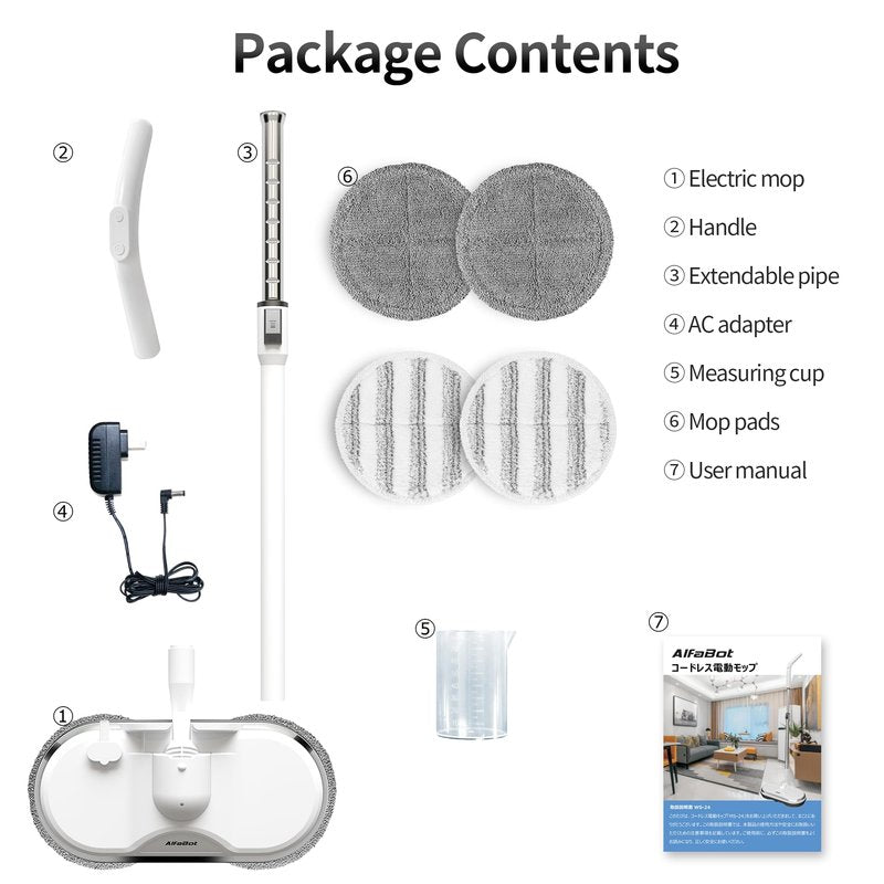 Electric Mop, AlfaBot WS-24 Cordless Spin Mop for Floor Cleaning, Lightweight & Rechargeable Floor Cleaner with Water Sprayer and LED Headlight for Hardwood and Tile Floors, White