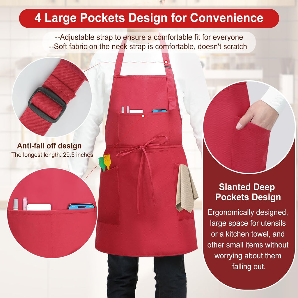SHEOMERN 3 Pcs Dual Waterproof Oilproof Kitchen Chef Aprons with 4 Pockets for Men Women, Adjustable Soft Anti-Tear Cooking Bib Apron for Baking Grilling BBQ Painting Cleaning (Red)