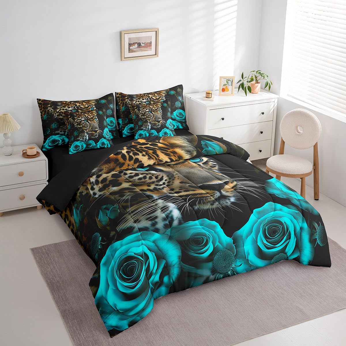 Erosebridal Cheetah Full Comforter Set - 7 Pieces Turquoise Teal Rose Bedding Sets Full Bed in a Bag with Reversible Leopard Print African Animals Big Cat Comforter,Sheets,Pillowcases & Shams
