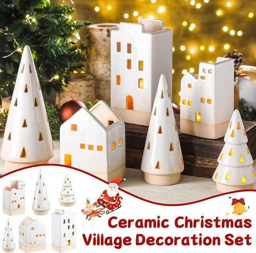 Beeveer Christmas Ceramic Buildings Decoration Set - 6 Pcs Tealight Candle Holders | Winter Holiday Centerpiece (4.4" to 9.4")