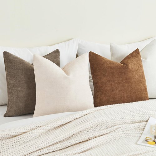 GriNeed Pack of 4 Throw Pillow Covers 18x18 Inch Chenille Textured Neutral Brown Soft Pillow Covers Solid Decorative Farmhouse Cushion Covers Home Boho Western Decor for Couch Sofa Bed Living Room