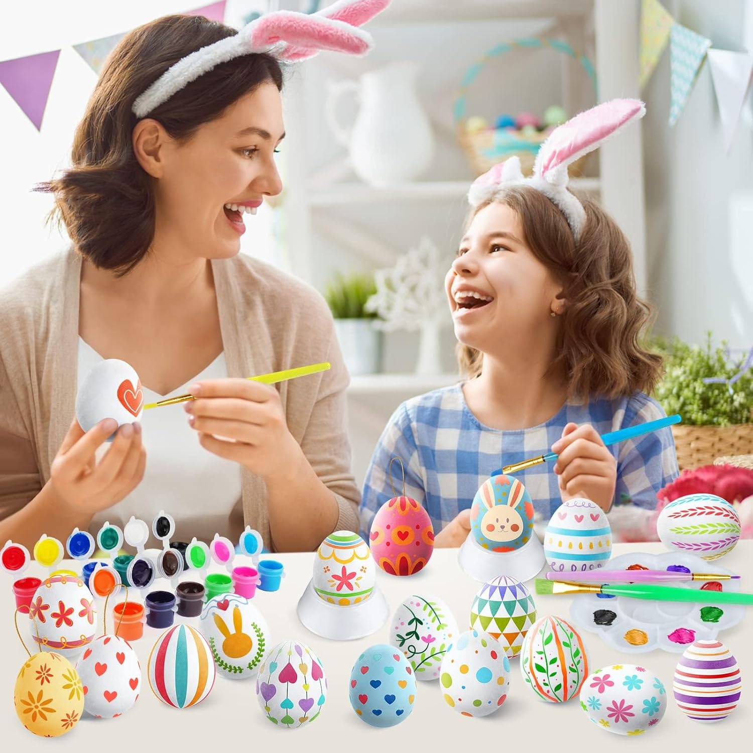 Skiennix Easter White Eggs Painting Kit - DIY Paintable Flocking Eggs with Doodle Kit | 28PCS for Decoration & Gifts
