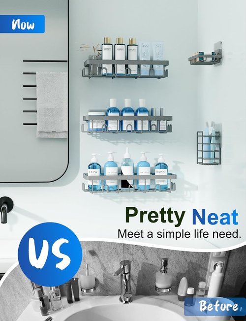 GVY Shower Caddy - 5 Pack Adhesive Bathroom Organizer Shelves | Rustproof No-Drill Storage Solutions