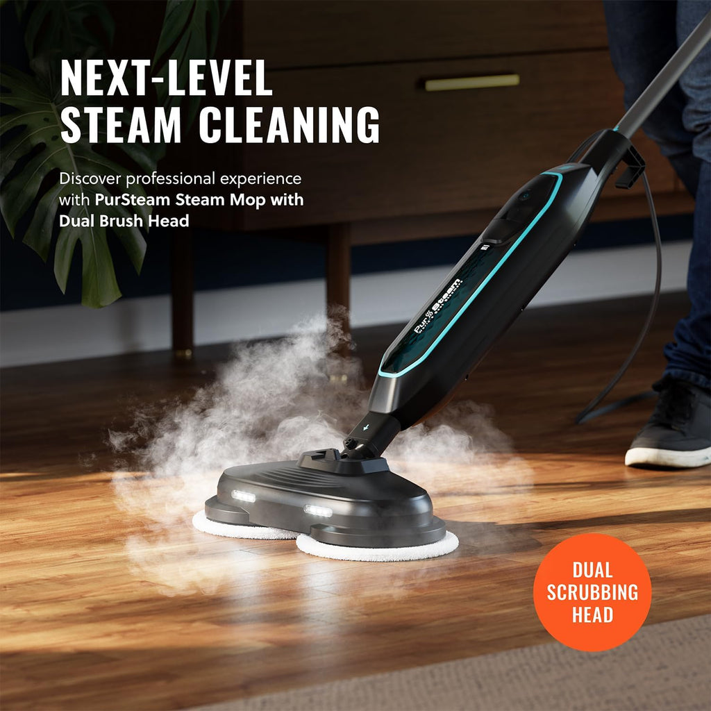 Pursteam ScrubMaster Steam Mop - Dual Scrubbing Head, LED Lights & Adjustable Steam Control | Versatile Cleaning Tool