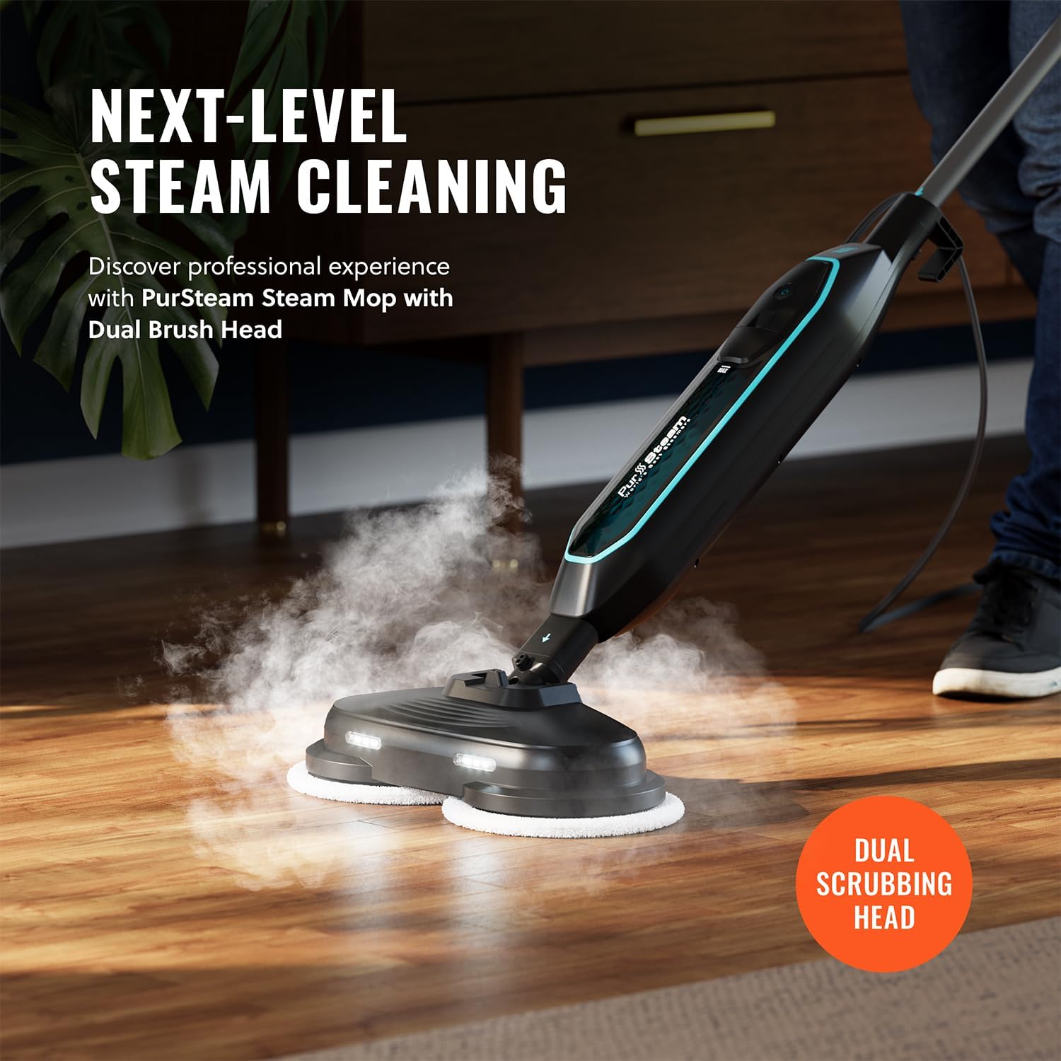 Pursteam ScrubMaster Steam Mop - Dual Scrubbing Head, LED Lights & Adjustable Steam Control | Versatile Cleaning Tool