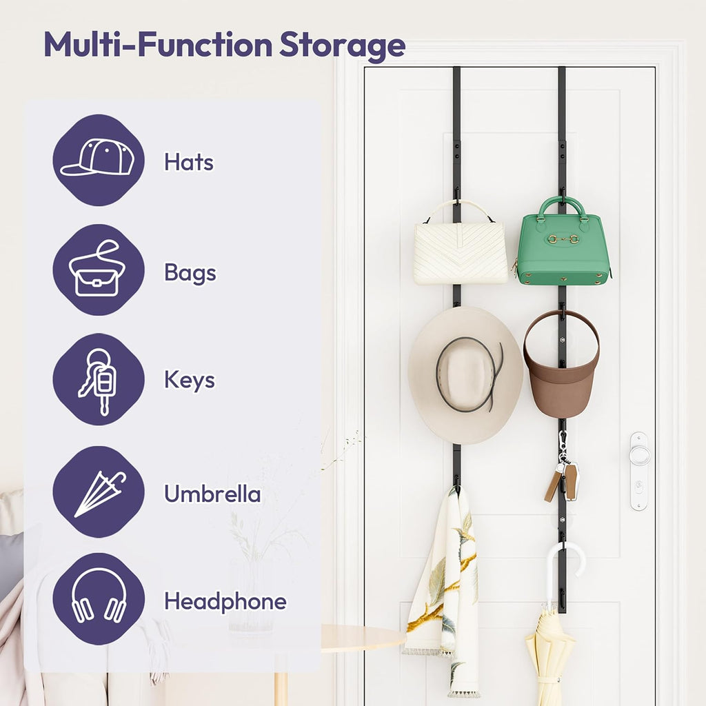 SWTYMIKI Over The Door Purse Organizer - Wall Mounted Rack with 8 Hooks for 16 Bags | Black