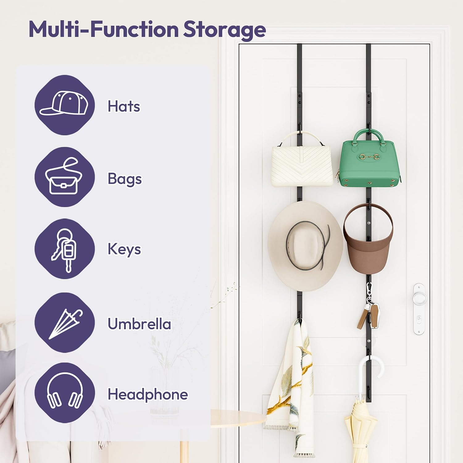 SWTYMIKI Over The Door Purse Organizer - Wall Mounted Rack with 8 Hooks for 16 Bags | Black