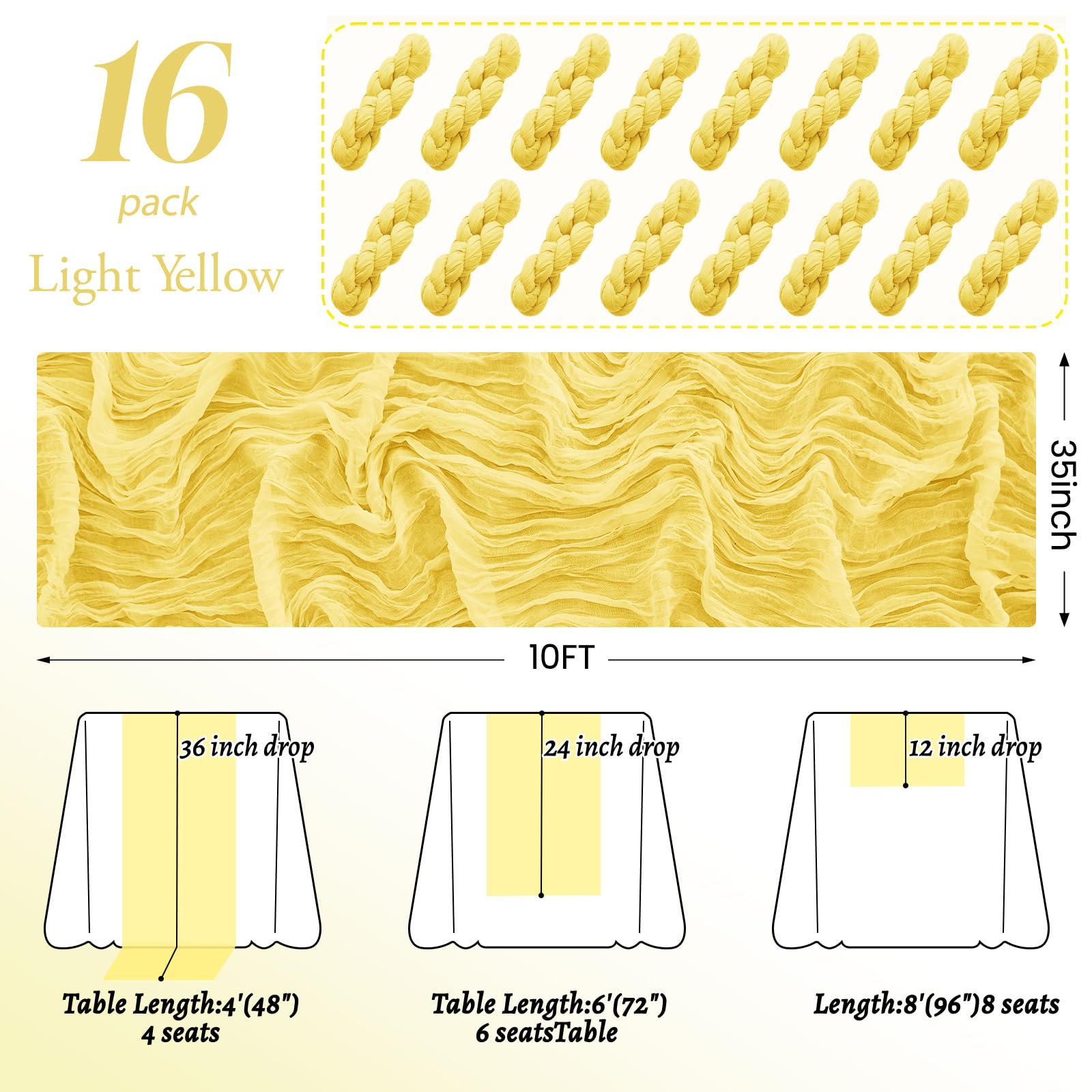 16Pack Light Yellow Cheesecloth Table Runner 10FT Yellow Gauze Table Runner 35x120Inch Long Boho Spring Easter Table Runners Rustic Sheer Table Runners for Wedding Baby Bridal Shower Decor