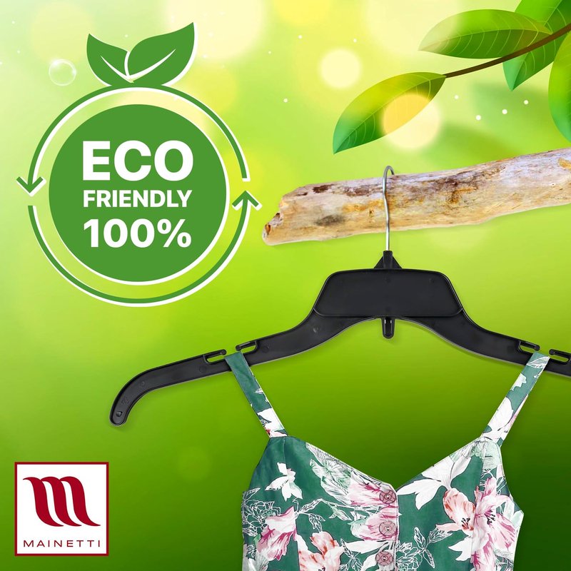 Mainetti Black Recycled Plastic Clothes Hangers 100 Pack | 17-Inch Space Saving Hangers with Rotating Metal Hook & Notches for Straps | Closet Hangers Ideal for Shirts, Tops and Dresses (484BRSEMN100)