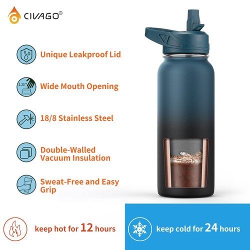 CIVAGO 64 oz Insulated Water Bottle With Straw, Half Gallon Stainless Steel Sports Water Flask Jug with 3 Lids (Straw, Spout and Handle Lid), Large Metal Thermal Cup Mug, Army Green