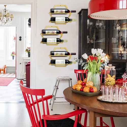 YALINKA 2Pcs Wall Mounted Wine Bottle Rack, Metal Hanging Wine Display Holder Organizer, Red Wine Racks for Home Kitchen Bar Decor Storage(Gold)