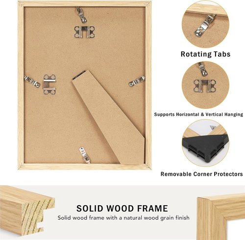 JCJMY 8x10 Solid Wood Picture Frame - Display 5x7 with Mat or 8x10 Without Mat, Natural Finish