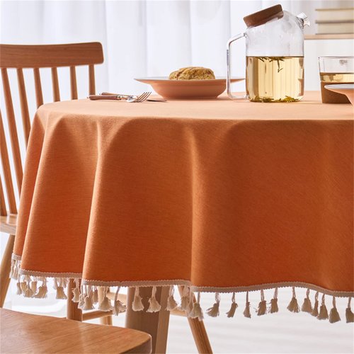 Dimatic Linen Textured Round Tablecloth with Tassel - Waterproof Spill Proof Table Cover for Kitchen Dining Tabletop Decoration, Orange, Round - 78 inch