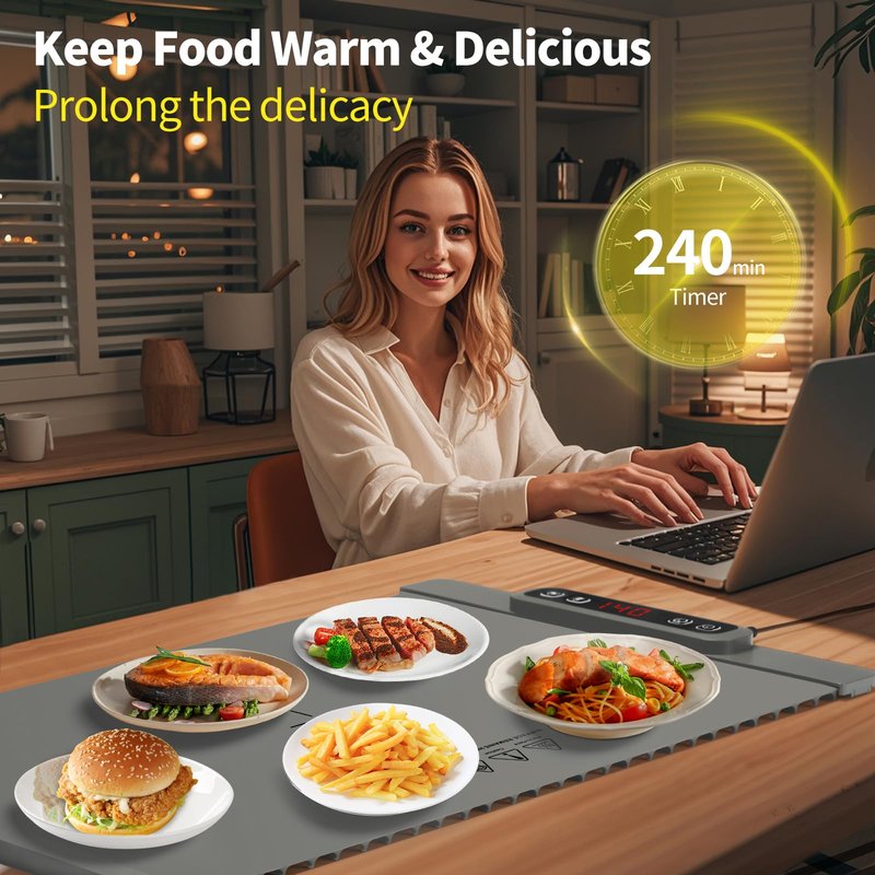 AIBOKEE Food Warming Mat, Silicone Electric Warming Tray, 5 Temperature Levels, 4 Hour Timer, Child Safety Lock, Gray