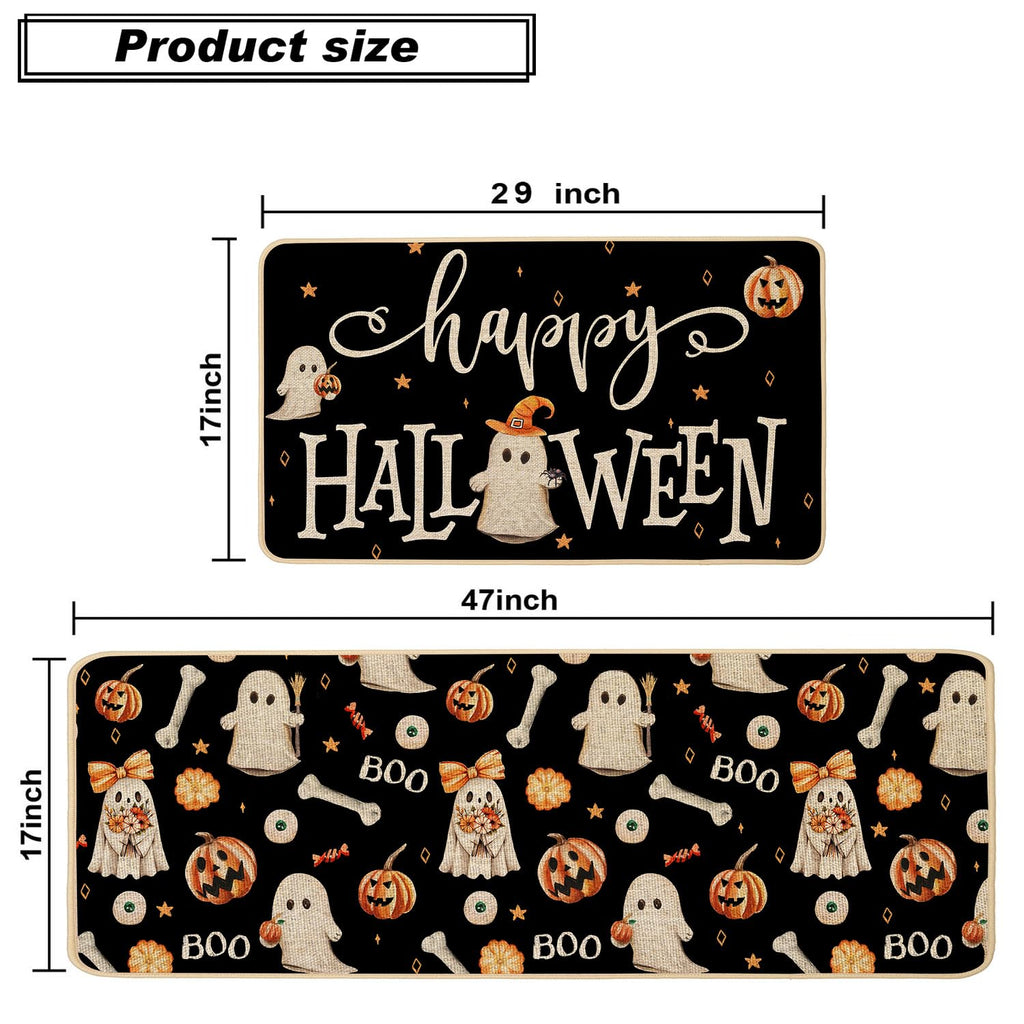 Baccessor Halloween Ghost Kitchen Mats Set of 2, Spooky Pumpkins Ghost Black Kitchen Mat Rug Low-Profile Non Slip Absorbent Kitchen Floor Mats for Fall Home Party Decor 17x29 and 17x47 Inch