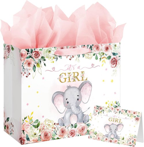 Laidans 13" Large Pink Floral Elephant Baby Shower Gift Bag - Includes Tissue Paper & Card