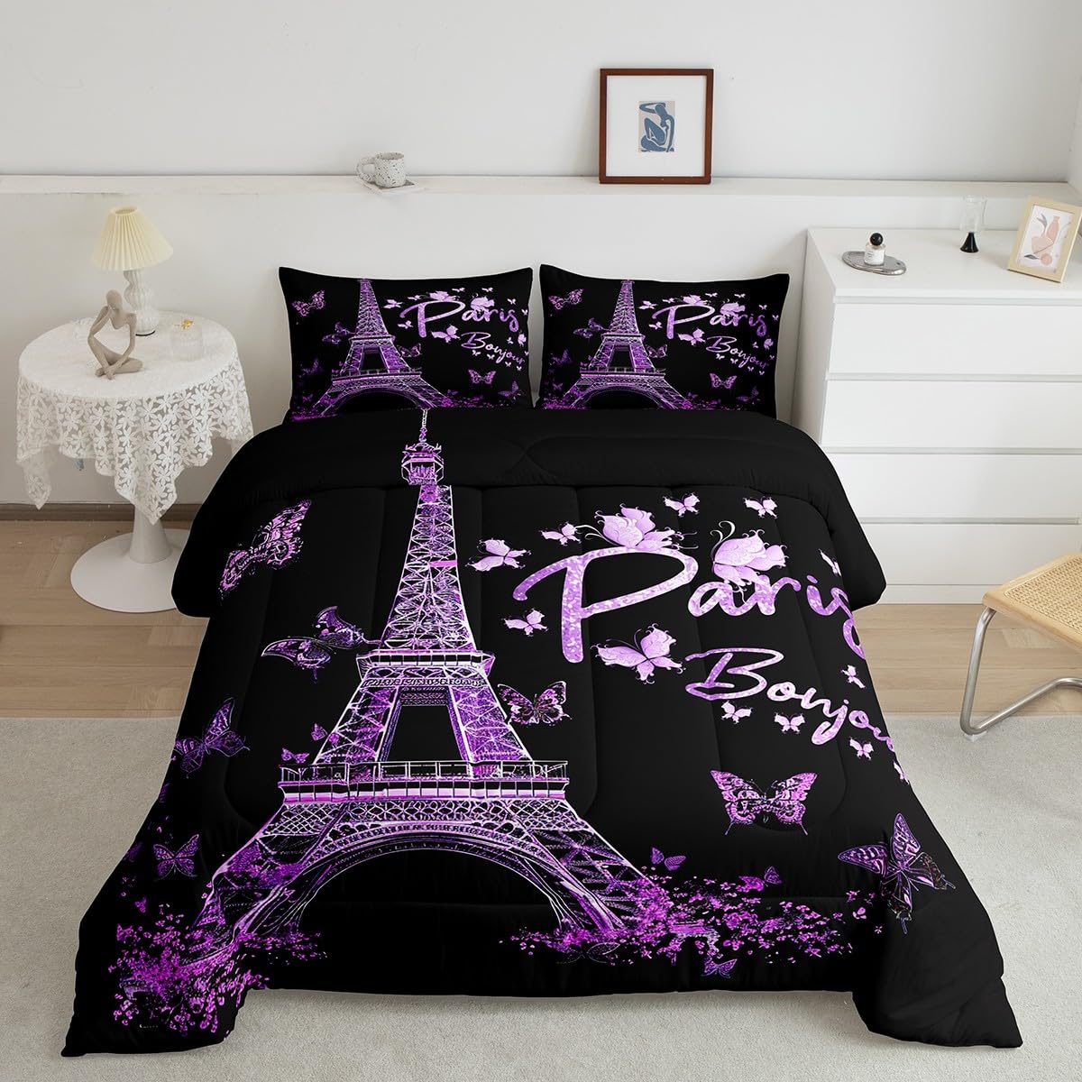 Feelyou Paris Eiffel Tower Comforter Set Girly Lavender Purple Bedding Set for Kids Boys Girls Butterfly Comforter Famous City Scene Decor Quilt Room 3Pcs Queen Size Boys