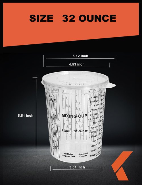 KREFINISH 32 OZ Paint Mixing Cups Disposable Flexible Clear Graduated Plastic Measuring Cups Box of 24 Cups & 4 Lids Use for Automotive Painting, Epoxy Resin, Acrylic Arts, Kitchen - Mixing Ratios