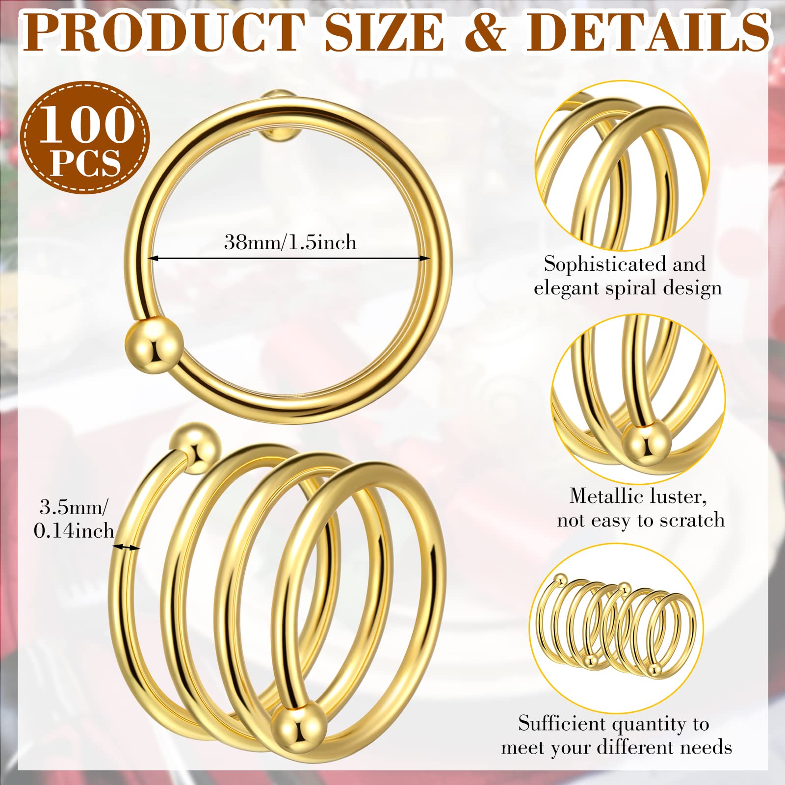 Lounsweer 100 Pcs Gold Napkin Rings Metal Round Holders Buckles for Napkins Weddings Table Serviette Receptions Banquet Birthday Christmas Party Decorations(Spiral)