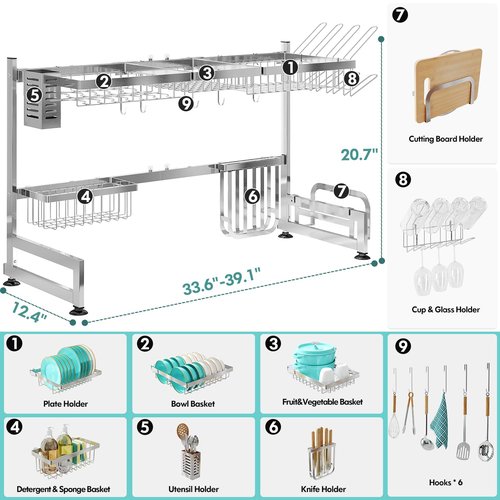 MAJALiS Over Sink Dish Drainer Drying Rack, 2 Tier Stainless Steel Dish Rack Over Sink Sink Length Adjustable (33.5-40 in), Expandable Drainer Shelf Rack with Multifunctional Organizers, Sliver