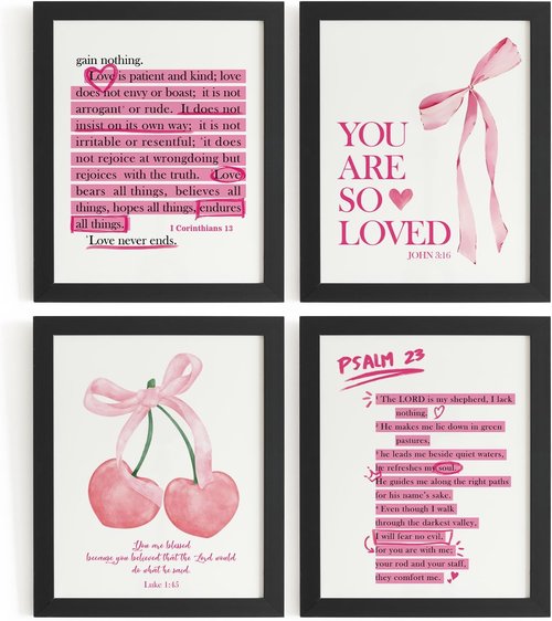 **DSHFG Cute Preppy Pink Bow Bible Verses Wall Decor - Set of 4 Christian Prints for Teen Girls 8x10**
