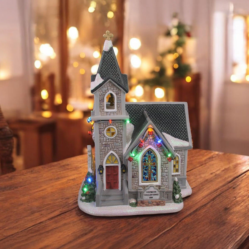 Skiennix Corner Cathedral Porcelain Christmas Village - LED Lights for Festive Charm
