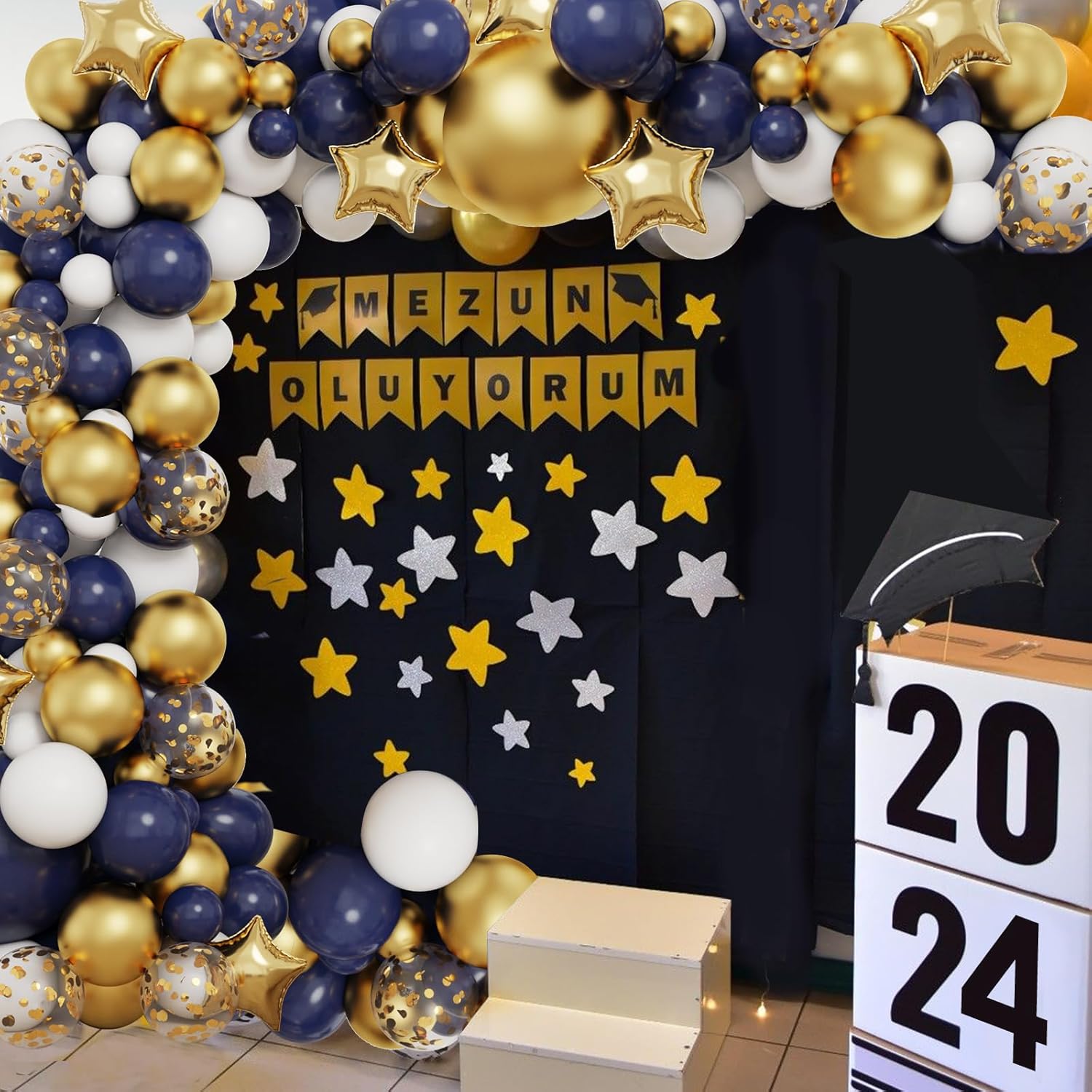 RUBFAC Balloon Garland Arch Kit - 167pcs Navy Blue, Gold & White Balloons with Confetti & Star Foil for Parties