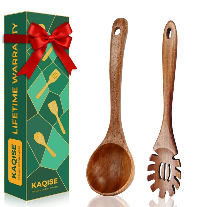 KAQISE Wooden Ladle for Soup, Pasta Spaghetti Spoon with Teeth, Teak Slotted Strainer Spoon for Serving Noodle, Wooden Pasta Fork Server Kitchen Utensils Set(2PCS)