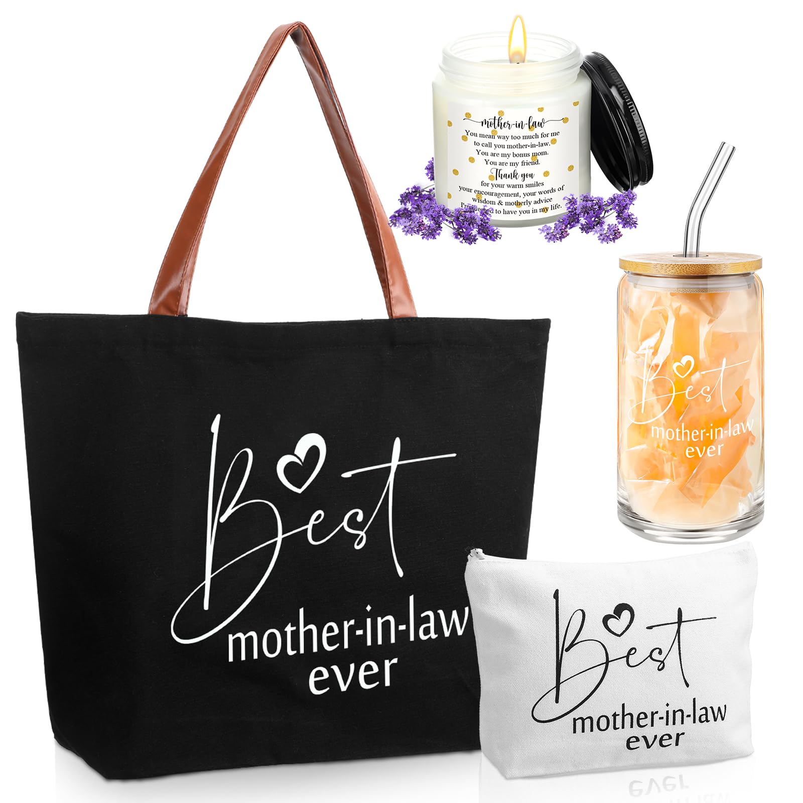 SilTriangle 4 Pcs Mother in Law Gifts Best Mother in Law Ever Gift Include 16 oz Glass Cup with Lid and Straw Tote Bag Makeup Bag 3. 5 oz Scented Candle Mom Birthday Present from Daughter Son(Black)