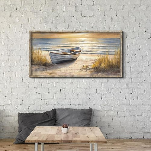 Coastal Wall Art by Beach | Ocean Boat Sunset Painting - Framed Seascape Decor 40”x20”