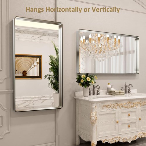 LOAAO Brushed Nickel Bathroom Mirror - 55x30 Inch Rounded Rectangle Design | Anti-Rust, Shatterproof, Versatile Hanging Options