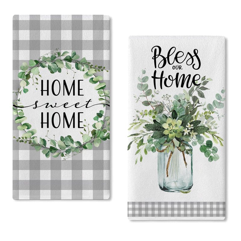 Seliem Sweet Home Spring Summer Kitchen Dish Towels Set of 2, Eucalyptus Leaves Mason Jar Hand Towels Drying Baking Cooking Cloth, Grey Plaid Farmhouse Bless Our Home Kitchen Decor 18x26 Inch