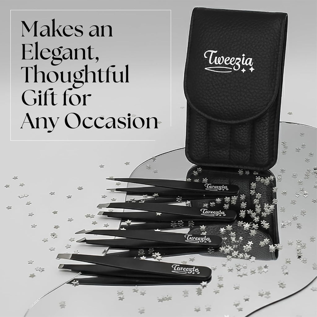 TWEEZIA Stainless Steel Tweezer Set - 4 Precision Tweezers with Mirror & Leather Case | Ideal for Eyebrows, Ingrown Hairs, and Splinters