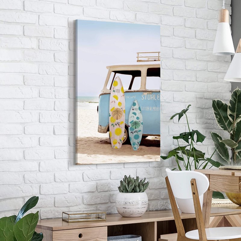 Coastal Beach Canvas Wall Art: Tropical Hawaii Ocean Painting Surfboard Prints Surfer Picture Vintage Seaside Van Artwork for Bathroom Bedroom Living Room