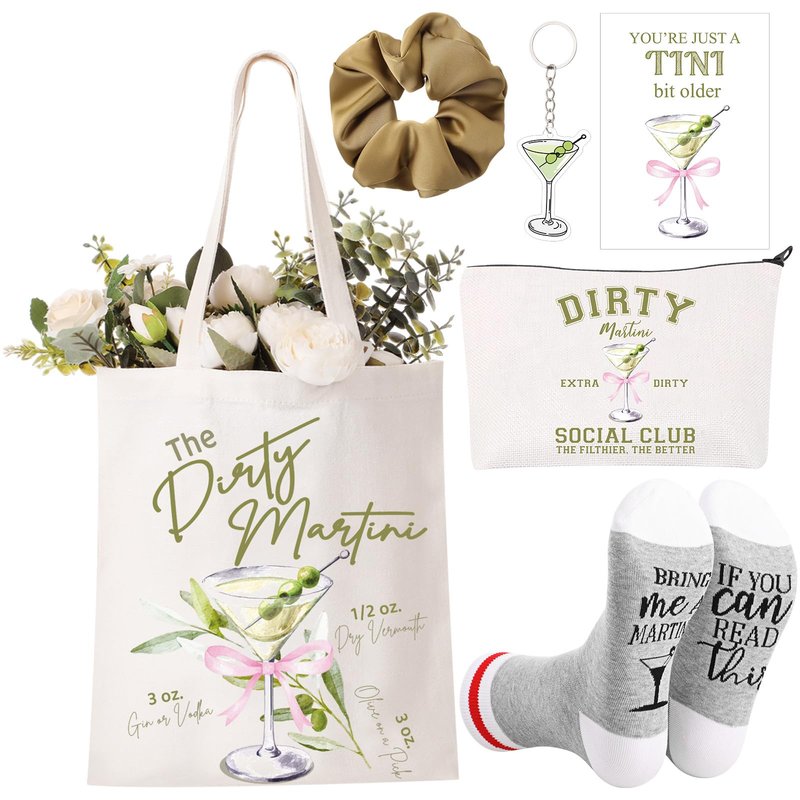 Paterr 6 Pcs Martini Gift Includes Makeup Bag, Martini Tote Bag, Acrylic Keychain, Hair Scrunchy, Martini Socks, Martini Birthday Cards for Bachelorette Party Cocktail Martini Lover Gift Decoration
