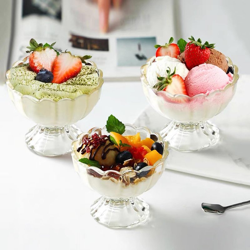 DNIENKGE Iced Cream Dessert Bowl，Set of 9，6oz Vintage Glass ware with Heavy Base, Drinking Cup for Sundae, Fruit, Ice Cream, Snack, Condiment (9)