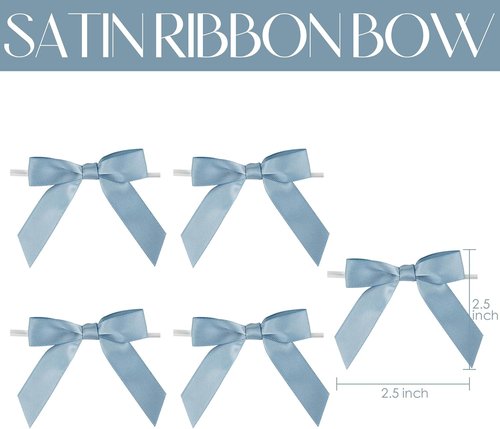 AIMUDI Satin Bows for Gift Wrapping - Dusty Blue Premade Twist Tie Bows | 50 Count for Weddings & Crafts