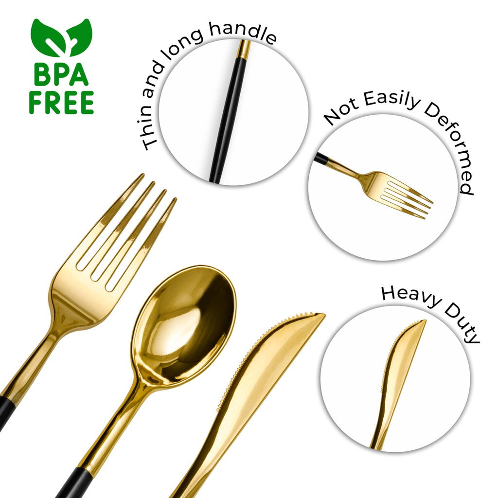 Trendables 360 Pack Disposable Silverware Set - Dinnerware Set Includes 120 Forks, Spoons, Knives in Black & Gold