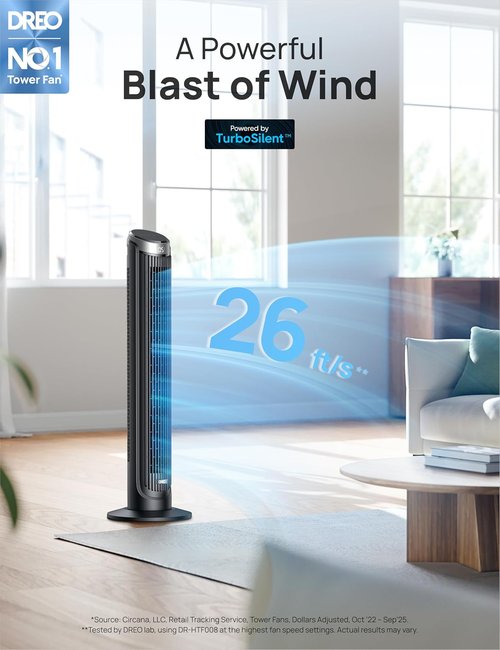 DREO Tower Fan - 90° Oscillating Cooling Fan with 5 Speeds & 12-Hour Timer | 40" Quiet Floor Fan in Black