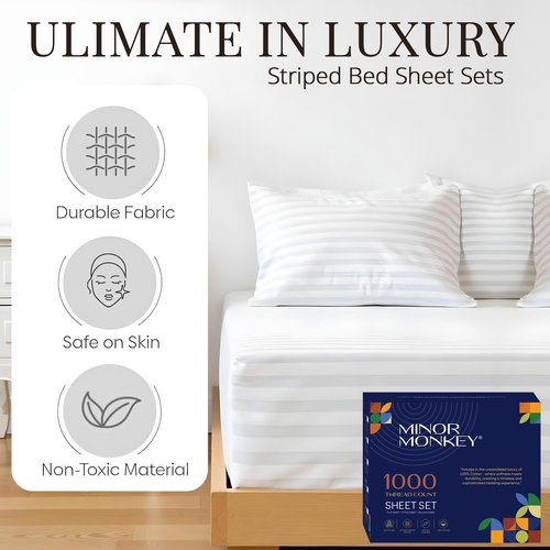 Minor Monkey 100% Egyptian Cotton Queen Size Damask Striped Sheets, 1000 Thread Count Luxury Breathable Sheet, 4Pc Queen Size Bed Sheet Set, Long Staple 16" Deep Pocket Sheets Set: White