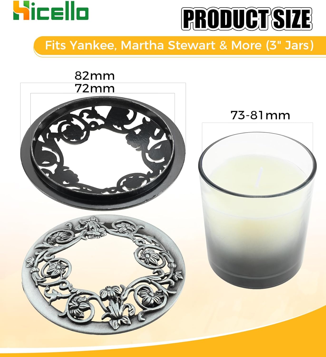 Skiennix Candle Toppers - Set of 2 Silver Metal Lids with Floral Design | Fits 80mm Yankee Candles
